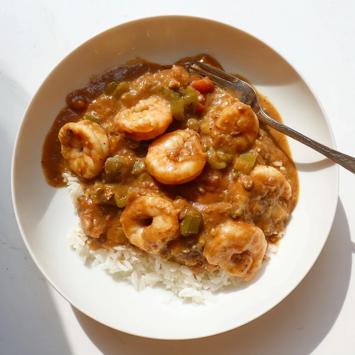 Hearty Creole Mardi Gras Shrimp Étouffée in a rustic Dutch oven, ready to serve with steamed rice for a festive meal.