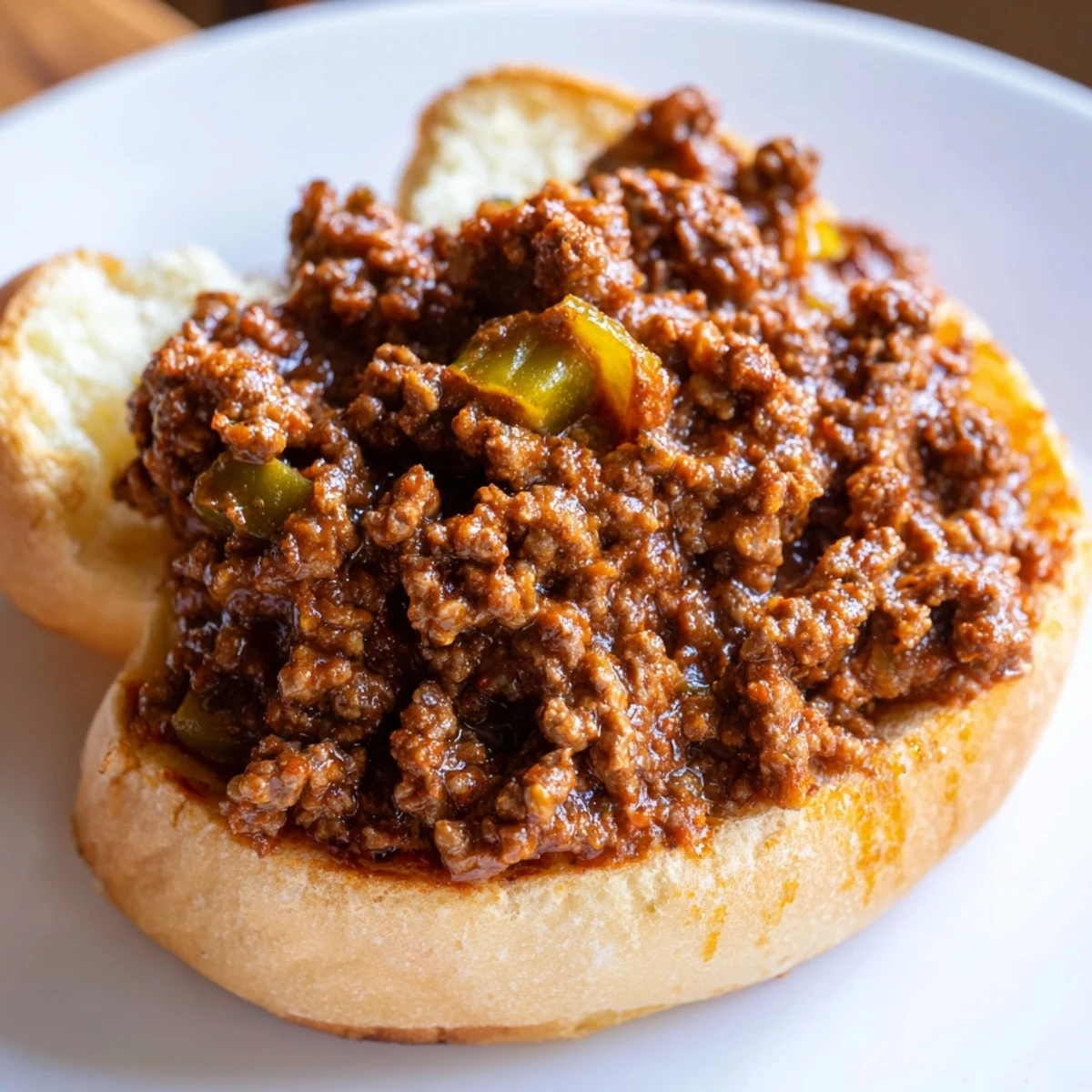 Ground beef sloppy joes steam gently on a soft bun, garnished with chopped onions and bell peppers for a hearty meal.