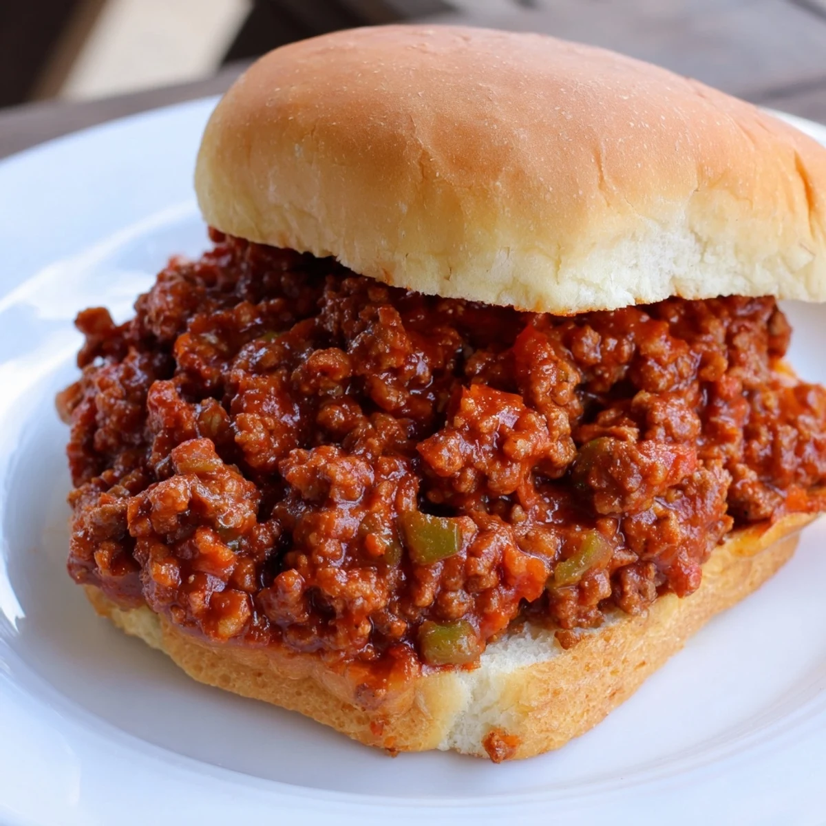 Savory beef sloppy joes simmer in tangy tomato sauce, piled onto a toasted hamburger bun for a messy, satisfying lunch.