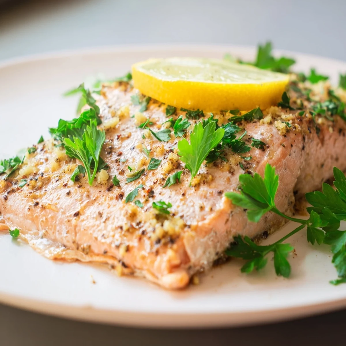 Freshly baked Baked Salmon with Lemon Pepper glistens with olive oil on a white plate, garnished with lemon slices and parsley.
