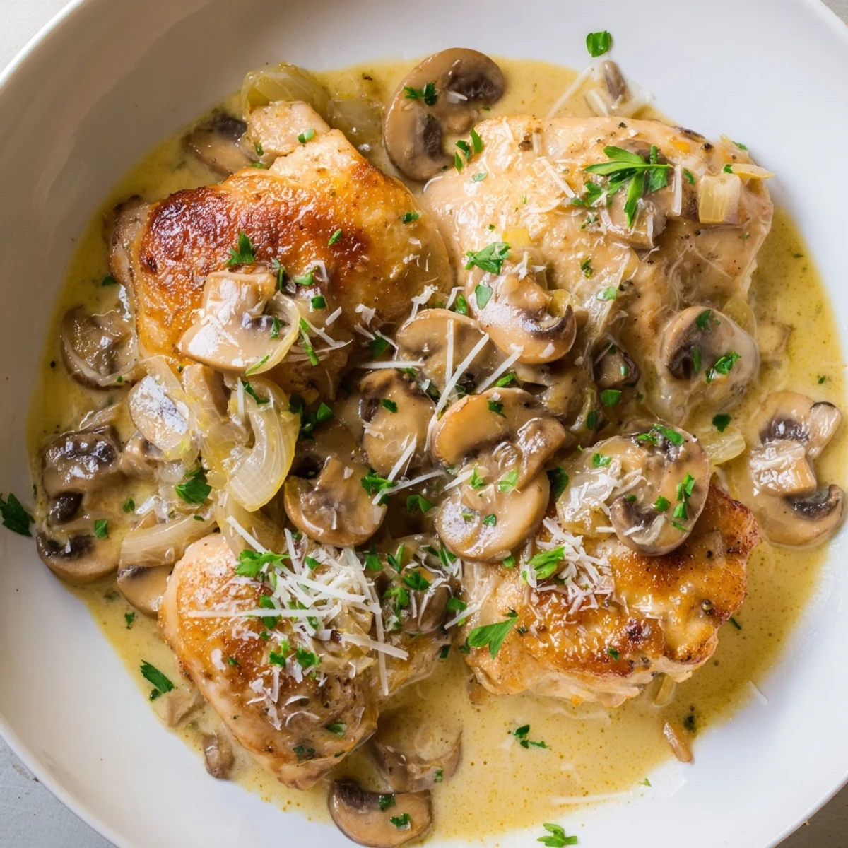 Golden seared chicken thighs in creamy garlic mushroom sauce, served with fresh parsley and crusty bread for dipping.