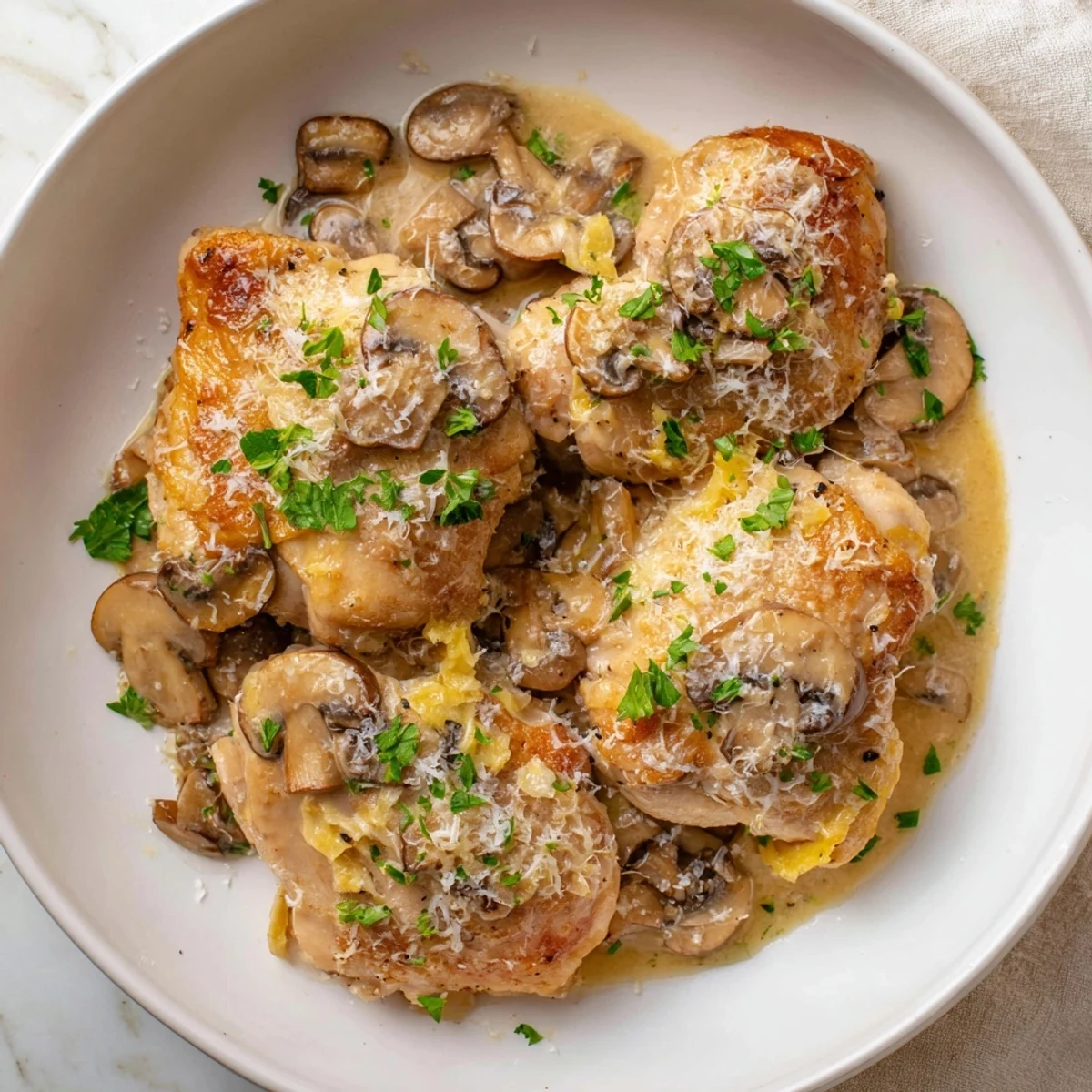 A close view of tender Creamy Garlic Mushroom Chicken Thighs simmering in rich, savory sauce beside fluffy mashed potatoes.