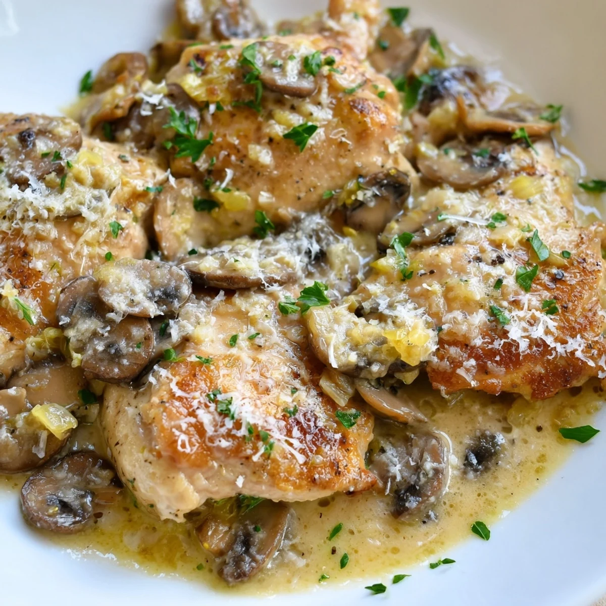 Hearty Creamy Garlic Mushroom Chicken Thighs plated with a side of rice, garnished with parsley and ready to serve.
