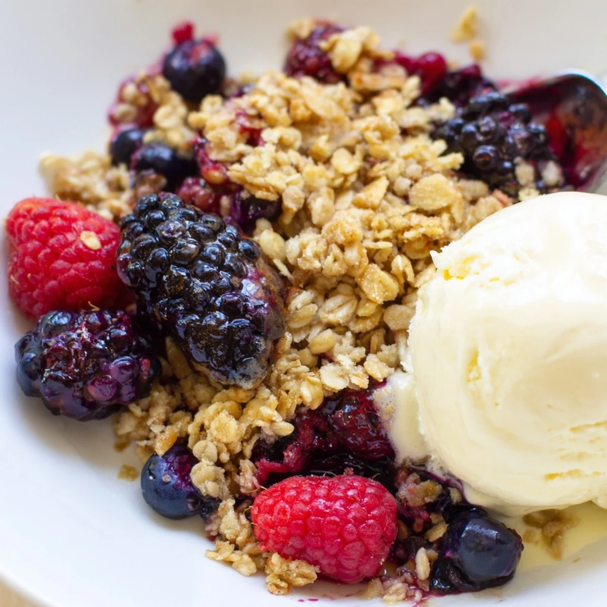 Warm Winter Berry Crumble with Oats served in a ceramic bowl with vanilla ice cream.