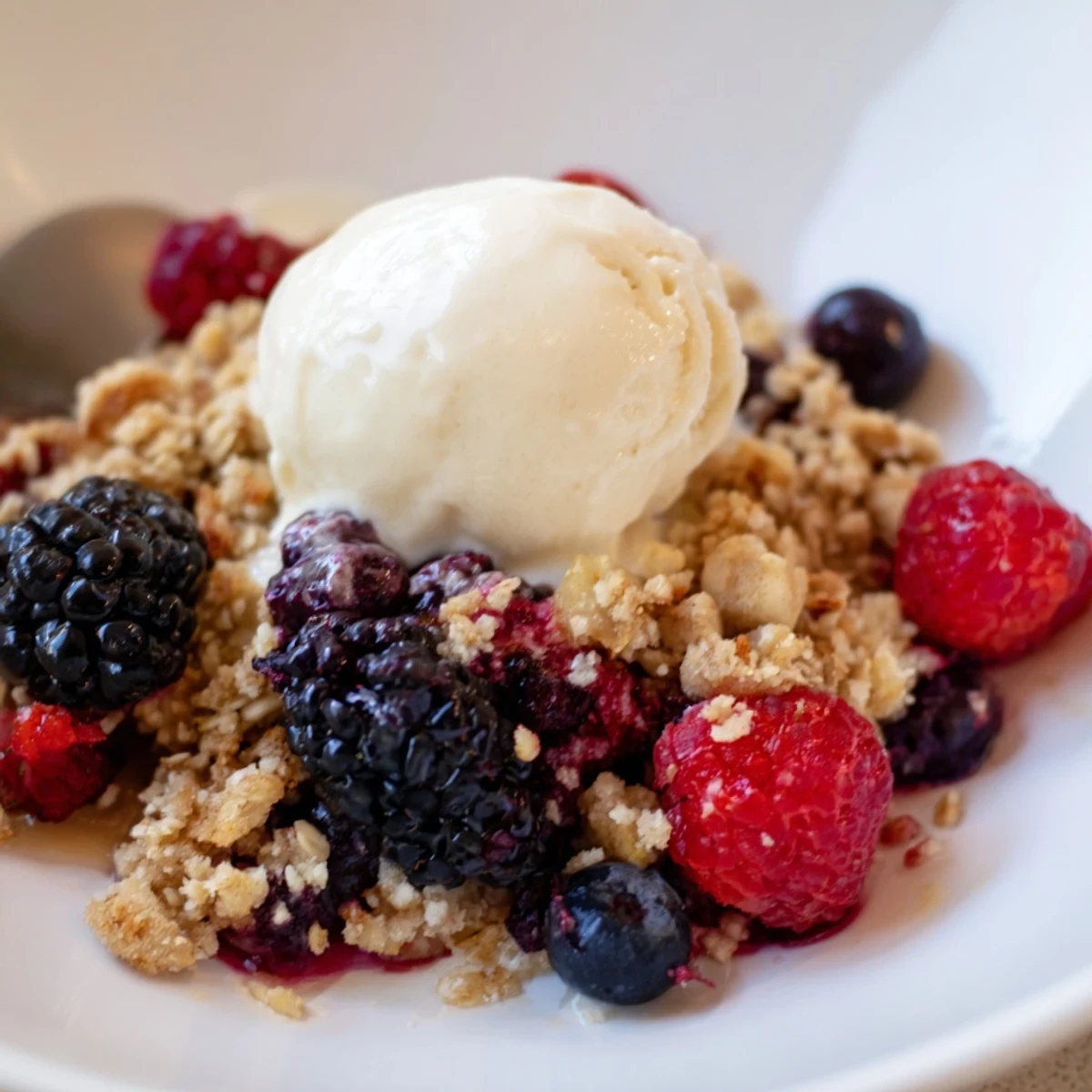 Golden brown Winter Berry Crumble with Oats bubbling in a rustic baking dish.