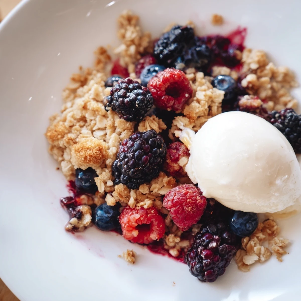 Close-up of Winter Berry Crumble with Oats showing juicy berries and crisp oat topping.