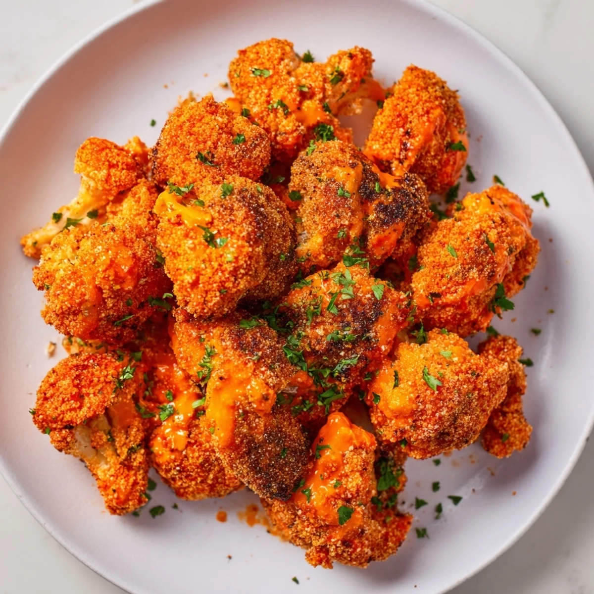 Crispy Spicy Buffalo Cauliflower Bites with a golden batter, served alongside cool ranch dip.
