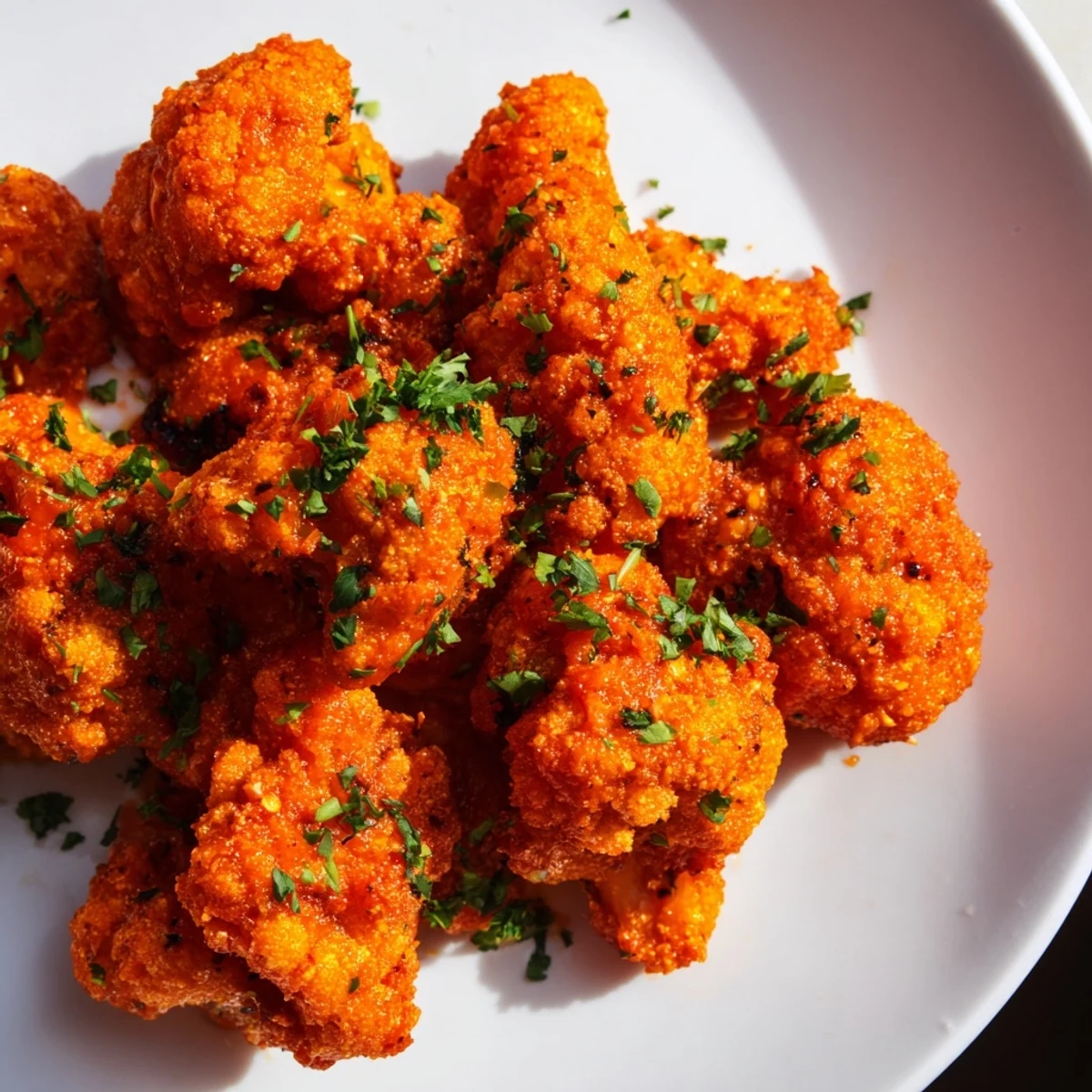A plate of spicy Buffalo cauliflower bites offers a vibrant vegetarian appetizer with blue cheese dip.
