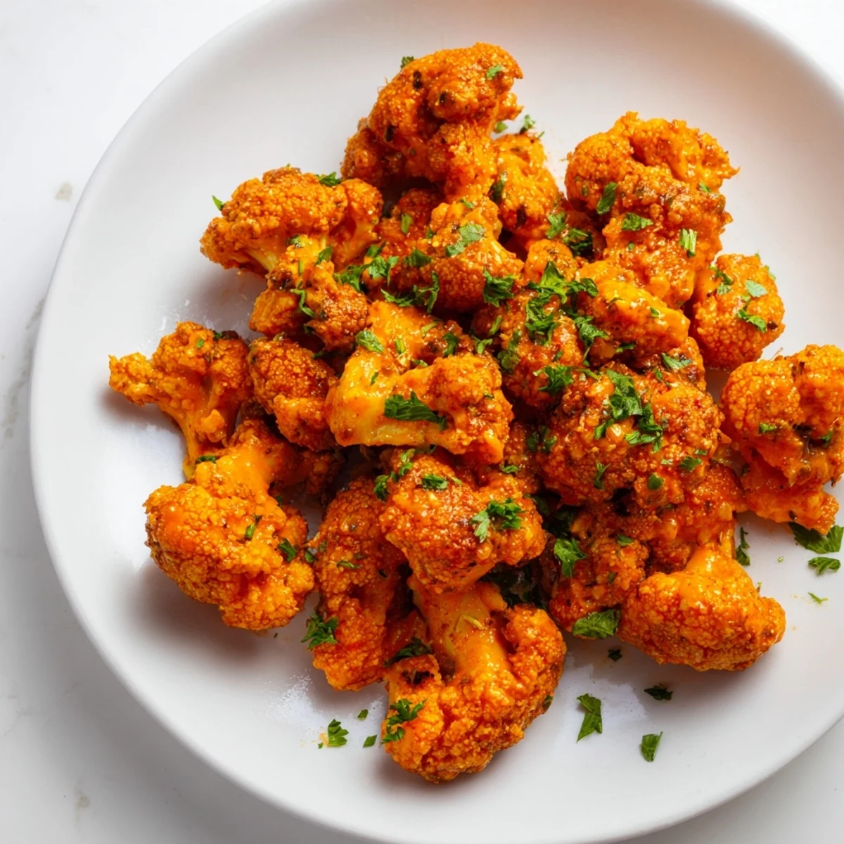 Tender roasted cauliflower florets tossed in tangy Buffalo sauce, topped with fresh green chives.