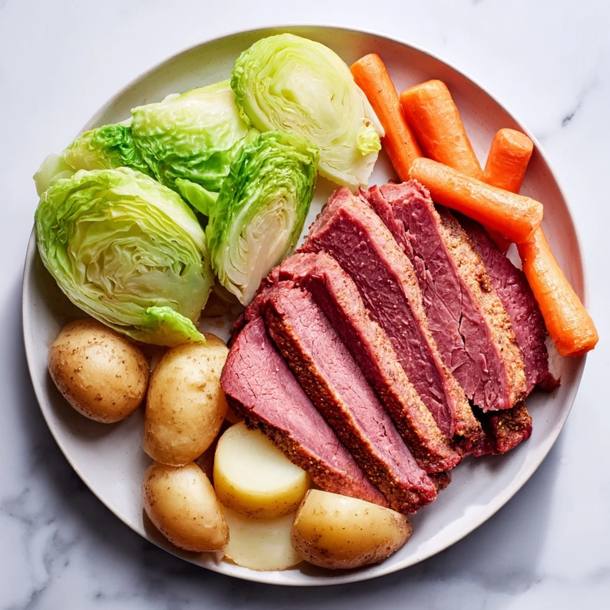 Savory corned beef and cabbage dinner simmered until tender, arranged on a platter with fresh parsley garnish.