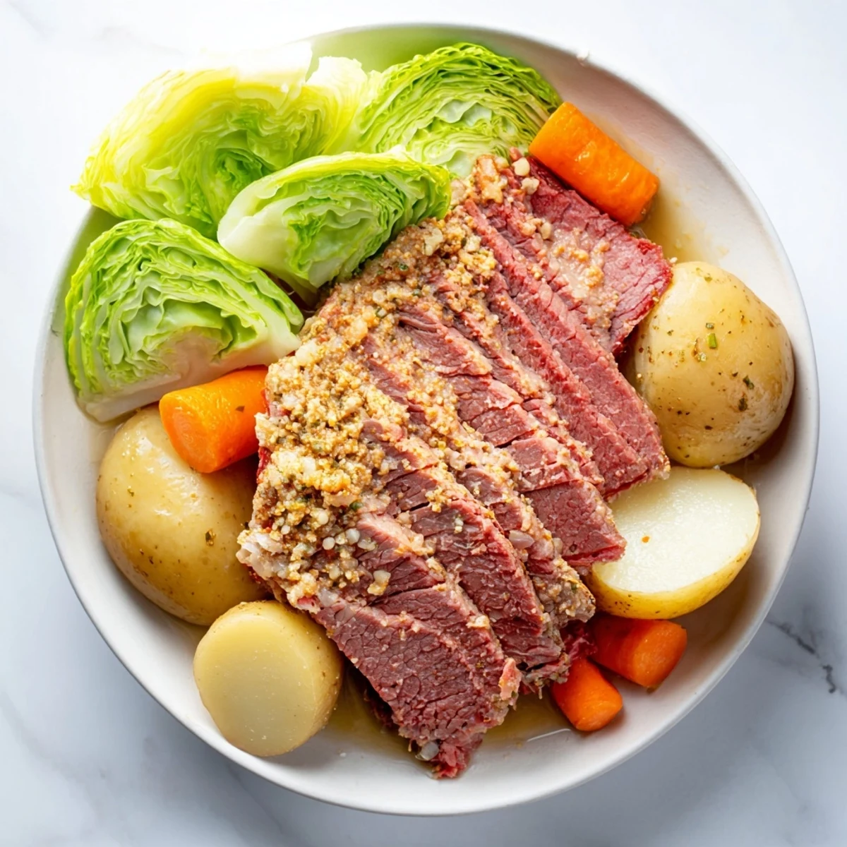 Tender sliced corned beef and cabbage dinner plated with golden potatoes and carrots for a hearty meal.