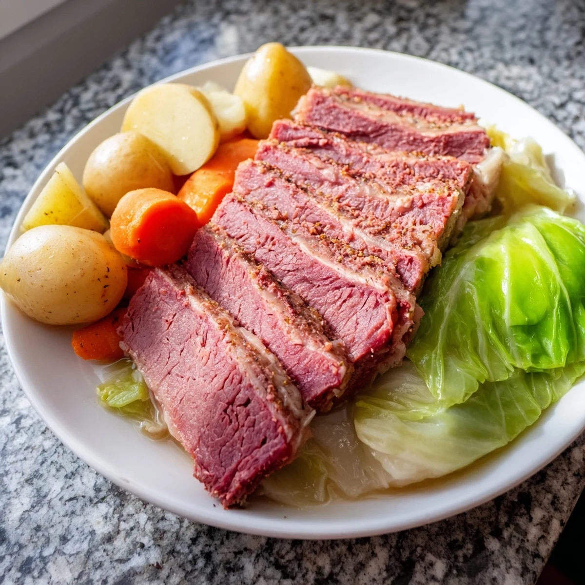 Comforting corned beef and cabbage dinner served hot with broth, mustard, and steamed vegetables for a family feast.