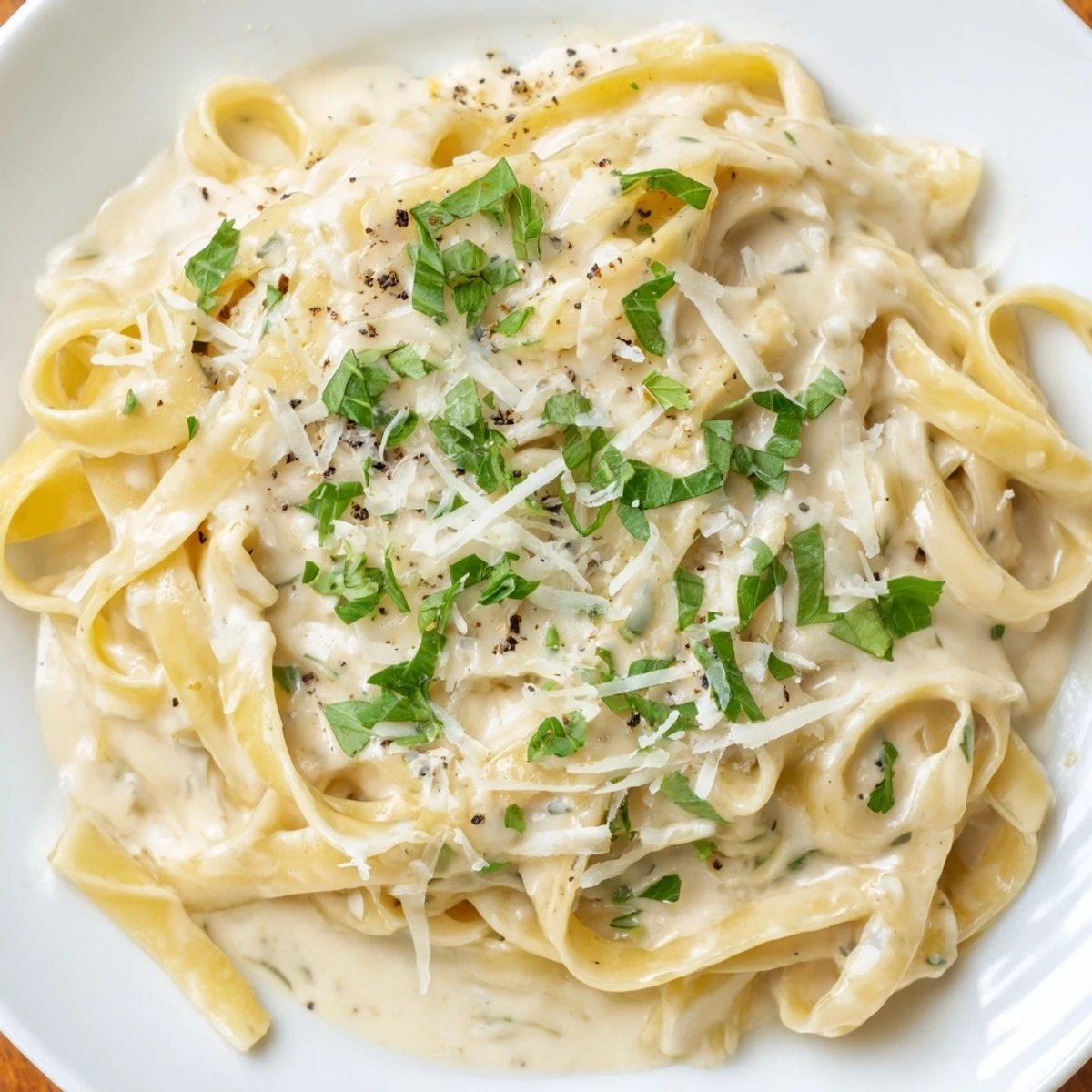 Steaming bowl of Creamy Garlic Pasta with Herbs twirled on a fork, showcasing velvety sauce and grated Parmesan.