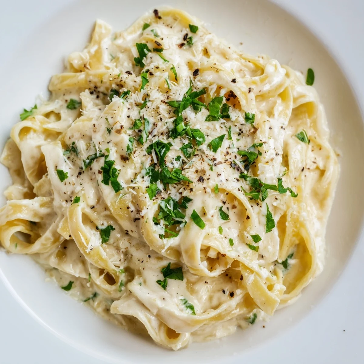 Creamy Garlic Pasta with Herbs garnished with fresh parsley and basil, served warm in a white bowl for a comforting meal.