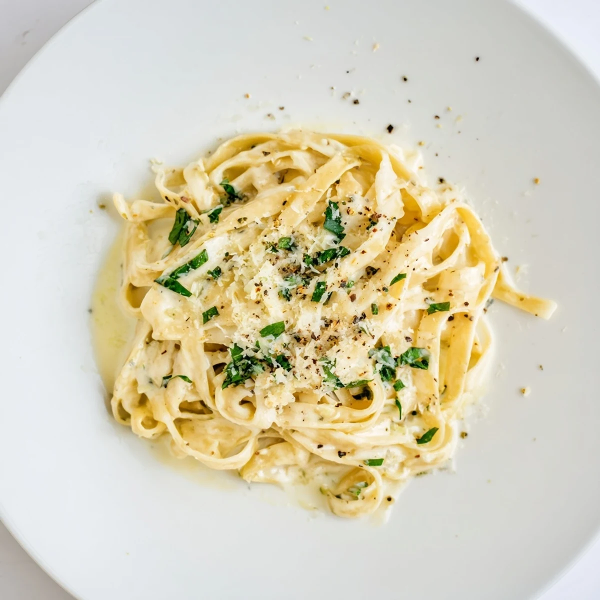 A close-up of Creamy Garlic Pasta with Herbs on a rustic table, highlighting tender noodles and aromatic garlic.