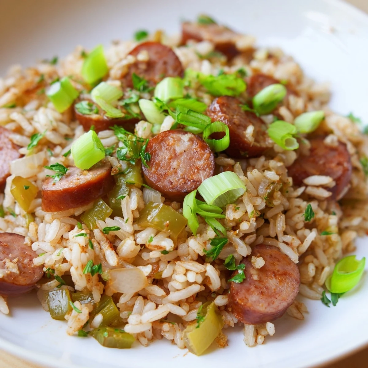 Golden-brown slices of spicy Andouille sausage and ground pork mingle with fluffy rice in this Mardi Gras Dirty Rice with Sausage, garnished with fresh green onions.
