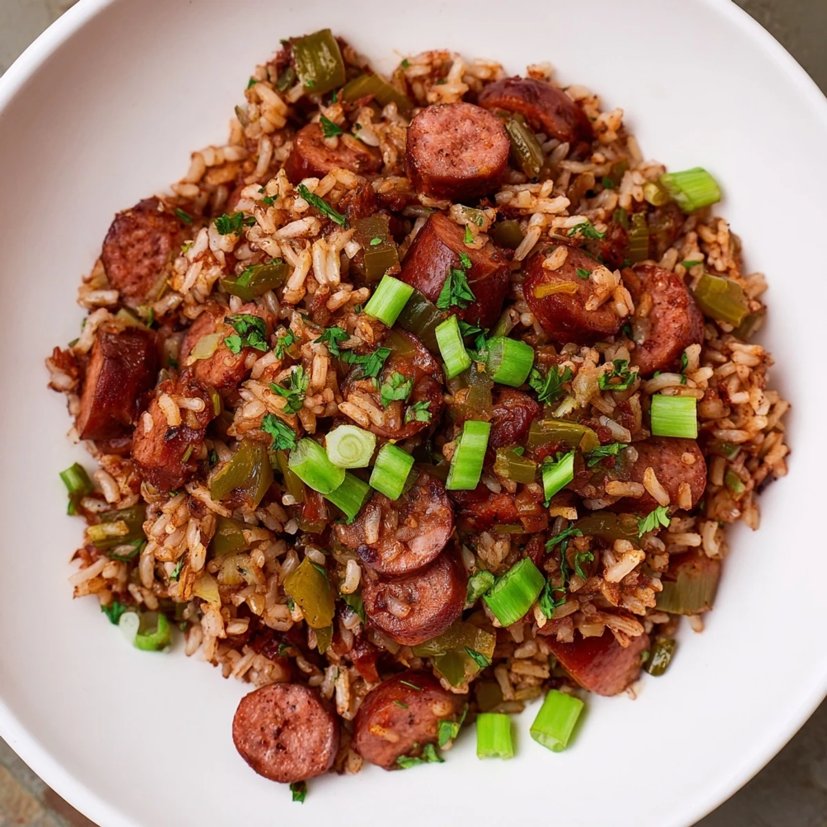 A hearty skillet of Mardi Gras Dirty Rice with Sausage features tender grains soaked in rich chicken stock, spices, and colorful sautéed Creole vegetables.