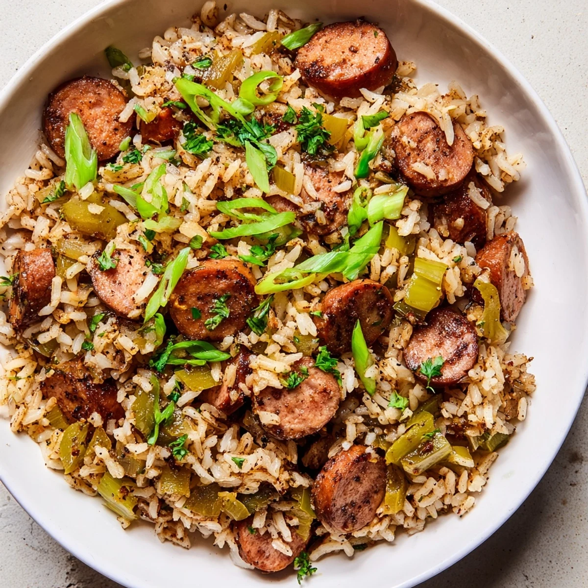 Serving suggestion for Mardi Gras Dirty Rice with Sausage showing a steaming bowl topped with parsley, perfect for a festive Louisiana-inspired dinner.