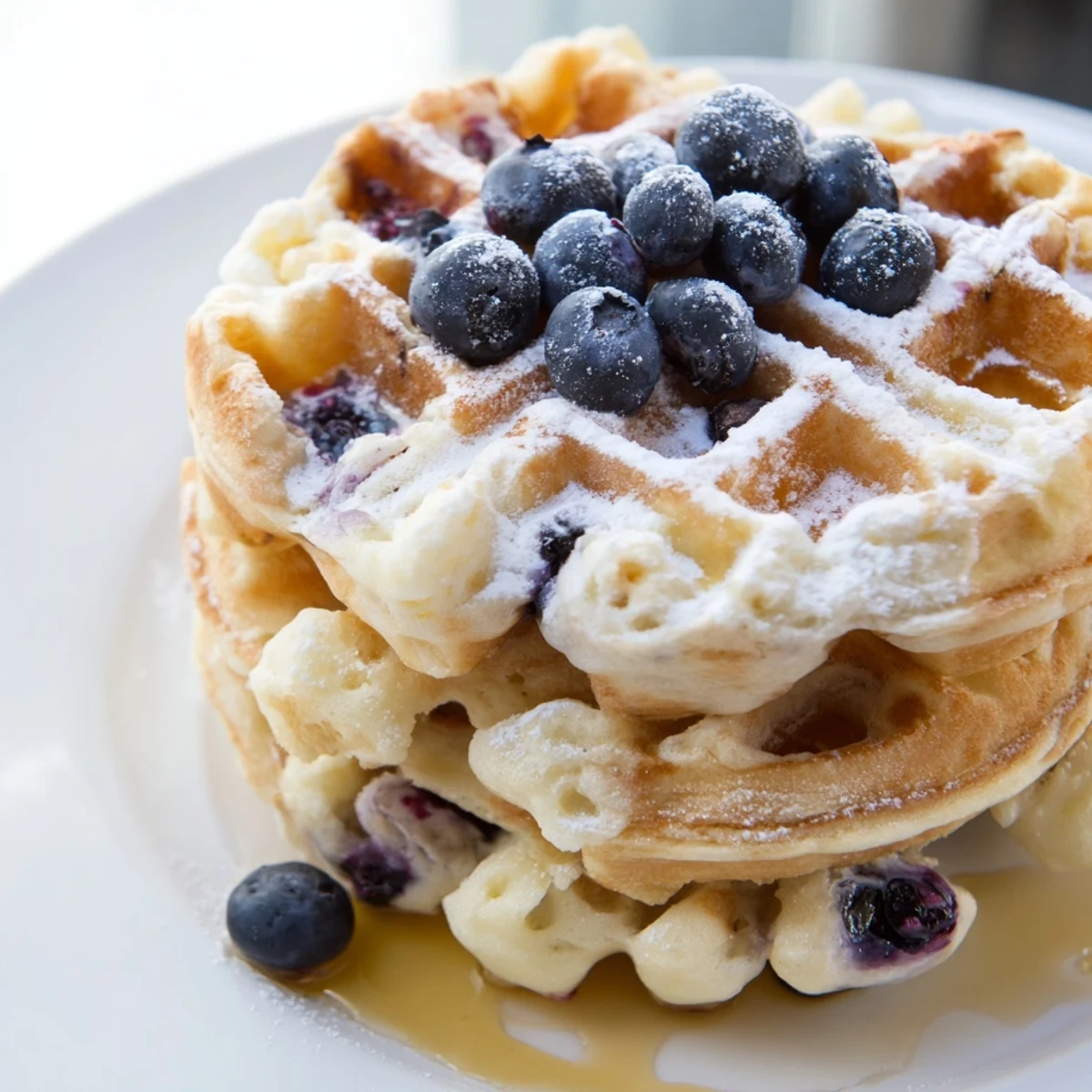 Golden brown Lemon Ricotta Waffles topped with fresh berries and maple syrup, sitting on a rustic wooden breakfast table.