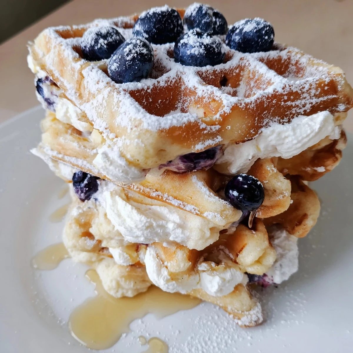 Close-up view of fluffy Lemon Ricotta Waffles revealing a tender interior with visible lemon zest flecks and creamy ricotta.