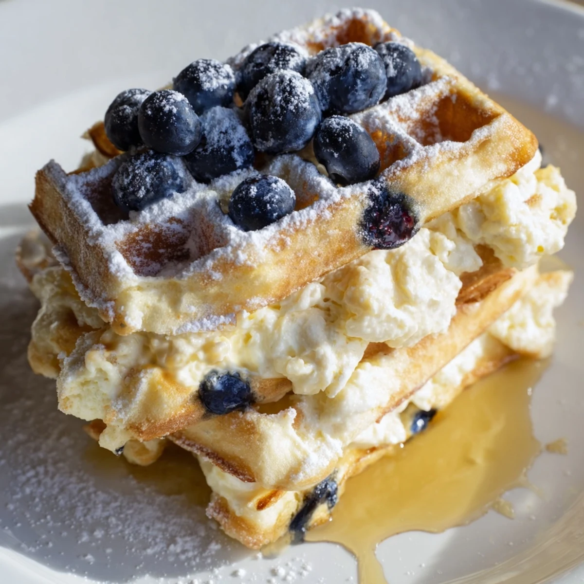 Stack of warm Lemon Ricotta Waffles drizzled with syrup, ready to serve for a bright and decadent brunch.