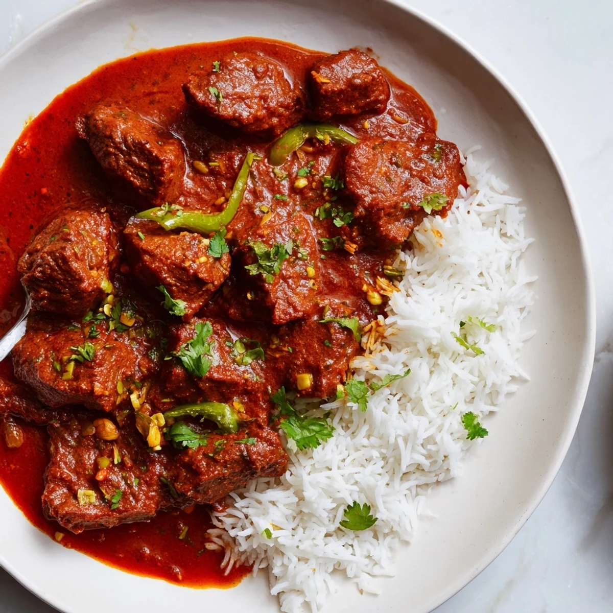 Close-up of Spicy Beef Curry with Rice, featuring tender chunks of beef simmered in a rich, aromatic tomato sauce studded with whole spices, paired with fluffy white basmati rice.