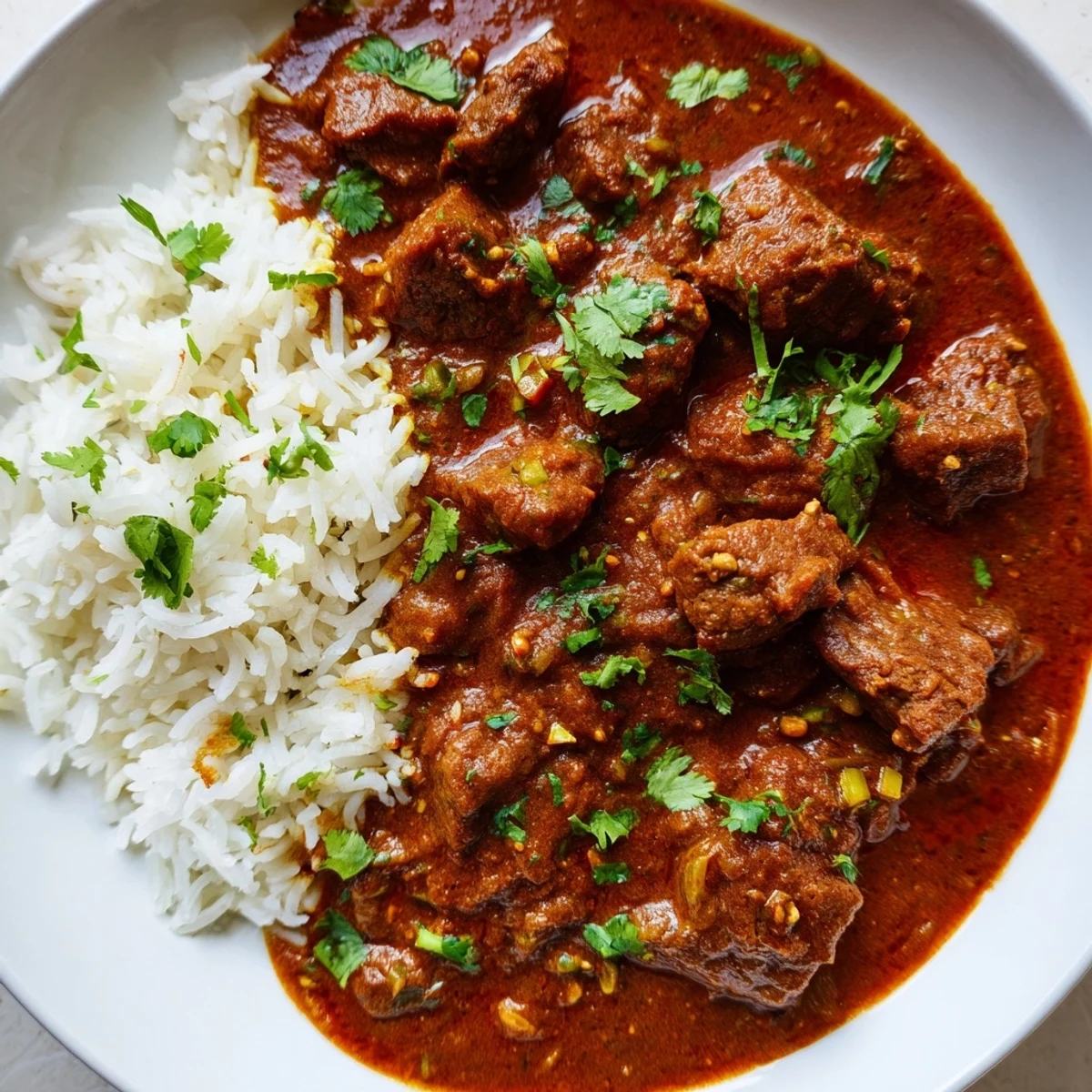 Overhead view of Spicy Beef Curry with Rice, showcasing a vibrant red-brown curry sauce pooled around soft rice grains, with a cinnamon stick and cardamom pods visible.