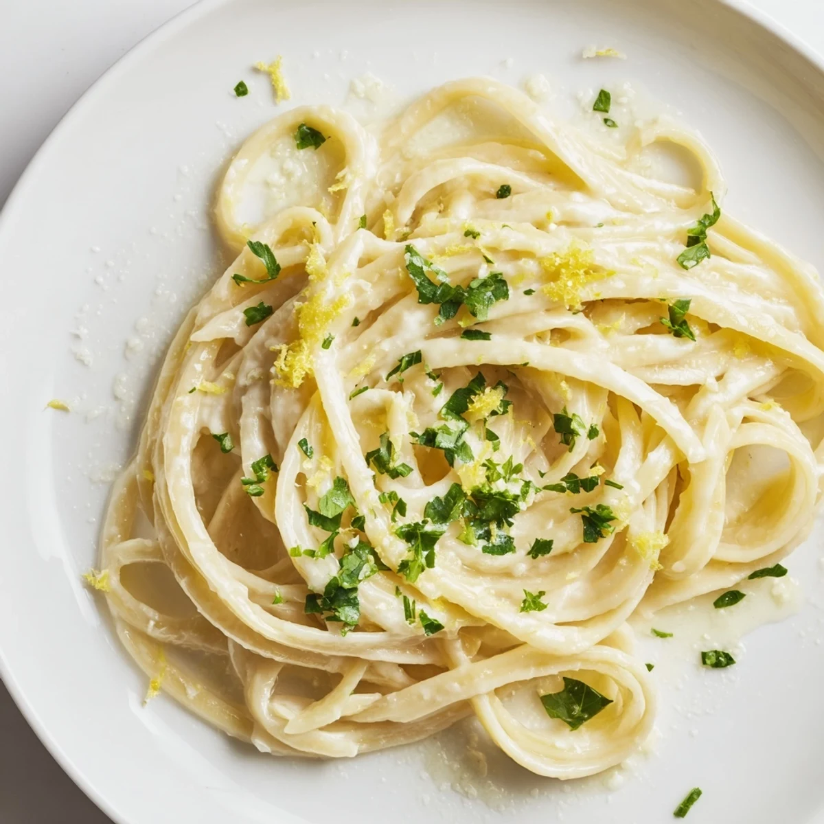 Steaming plate of Creamy Garlic Pasta with Fresh Herbs garnished with extra parsley and grated Parmesan.