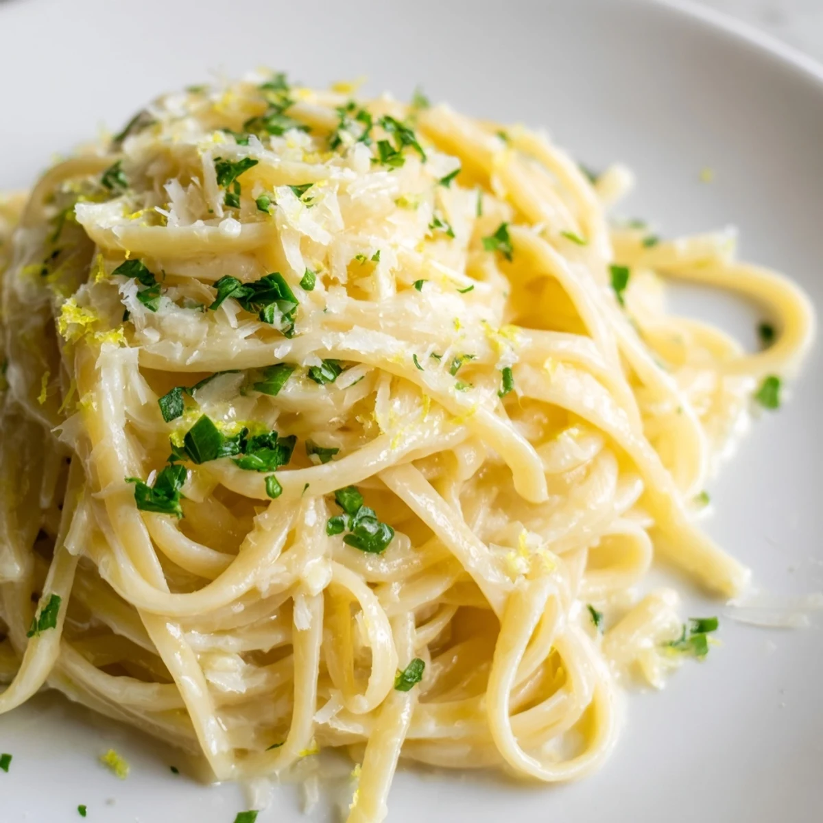 Freshly served Creamy Garlic Pasta with Fresh Herbs on a rustic table with lemon zest and basil leaves.