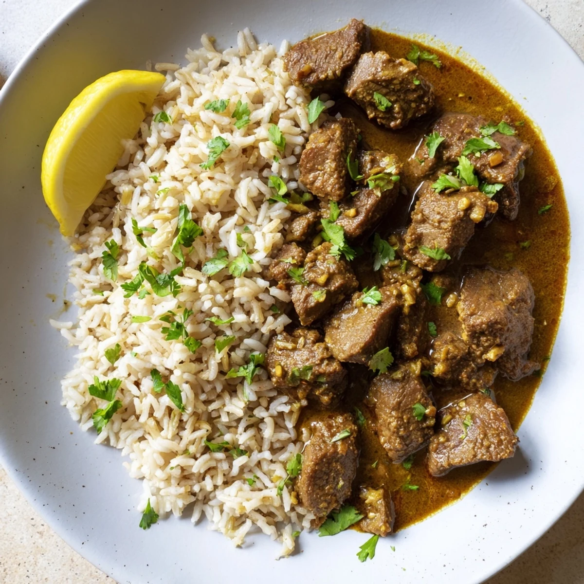 Spicy Beef Curry with Basmati Rice served in a white bowl with steam rising, fresh cilantro and lemon wedge garnish.