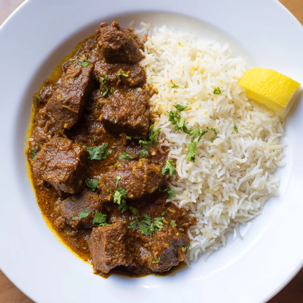 A steaming plate of Spicy Beef Curry with Basmati Rice, spoon showing tender beef in rich red sauce next to fluffy grains.