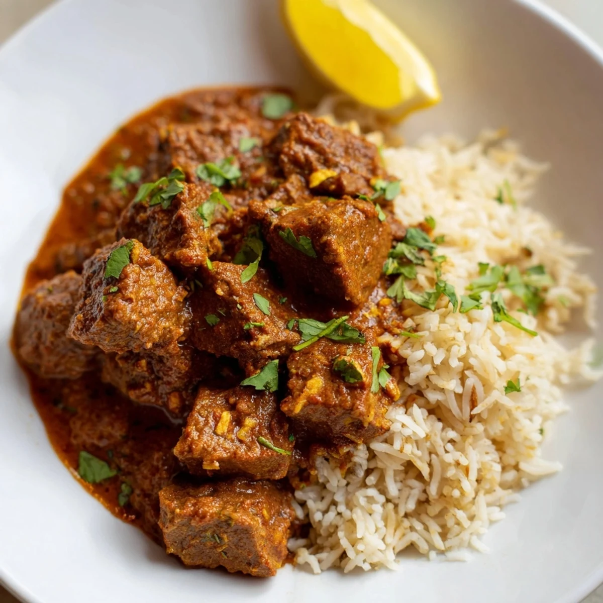 Close-up photo of Spicy Beef Curry with Basmati Rice, featuring aromatic spices and a ladle pouring sauce over white rice.