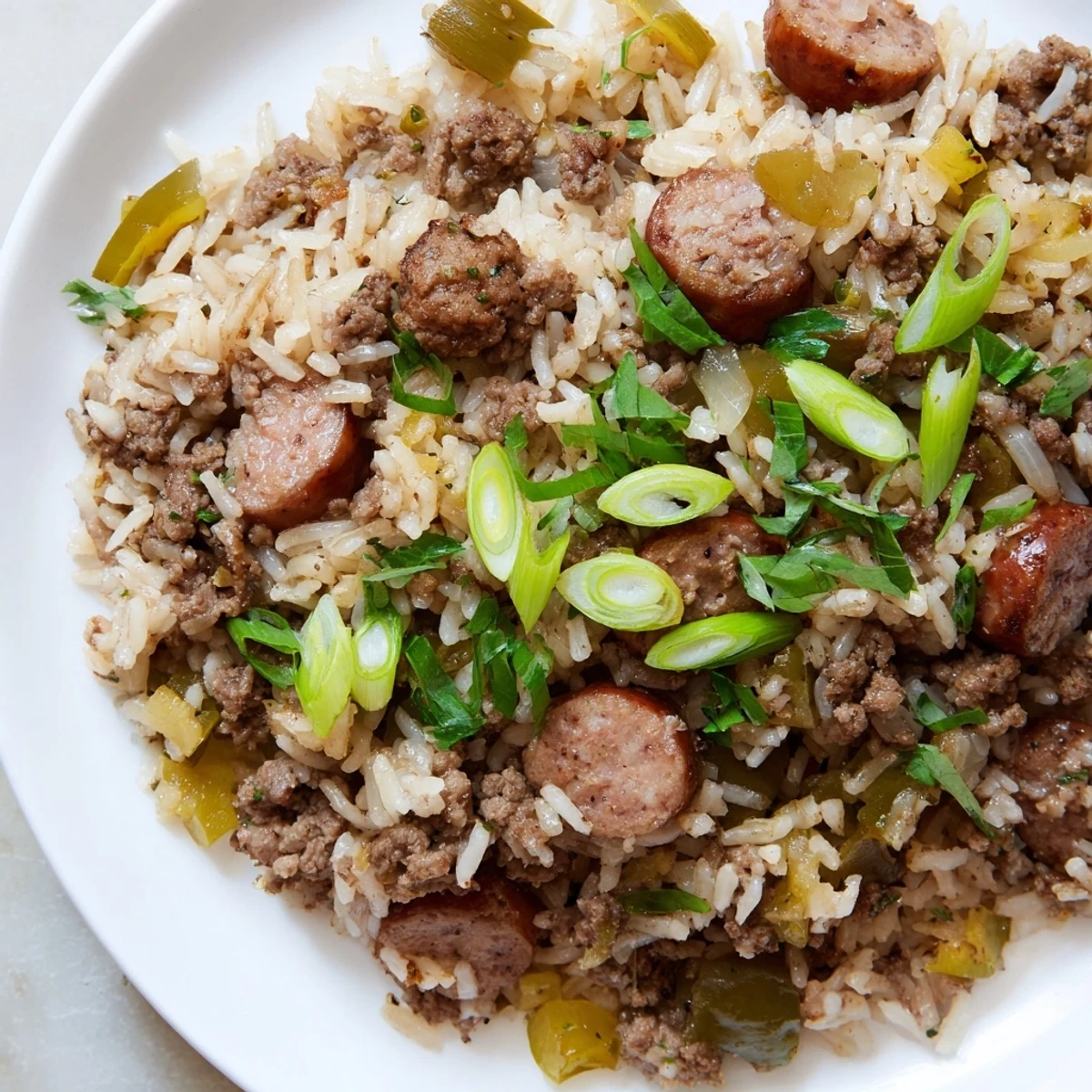 A close-up of Mardi Gras Dirty Rice with Beef Sausage in a skillet, garnished with fresh parsley and green onions. 