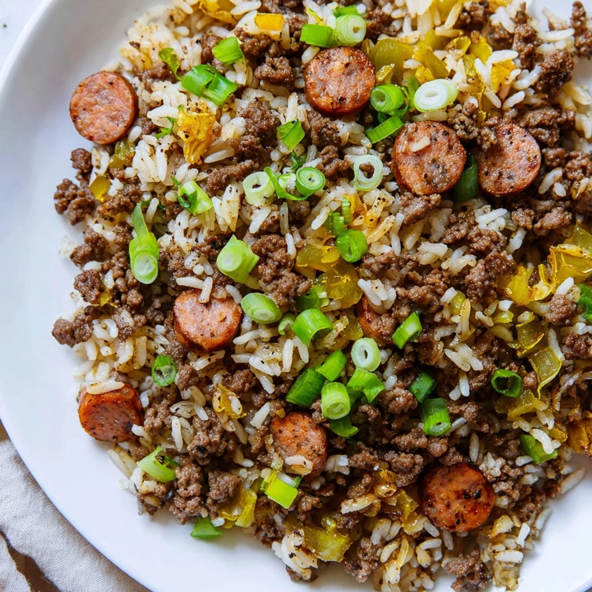 This easy Mardi Gras Dirty Rice with Beef Sausage is served in a bowl, showcasing its rich Cajun spices and fluffy texture. 