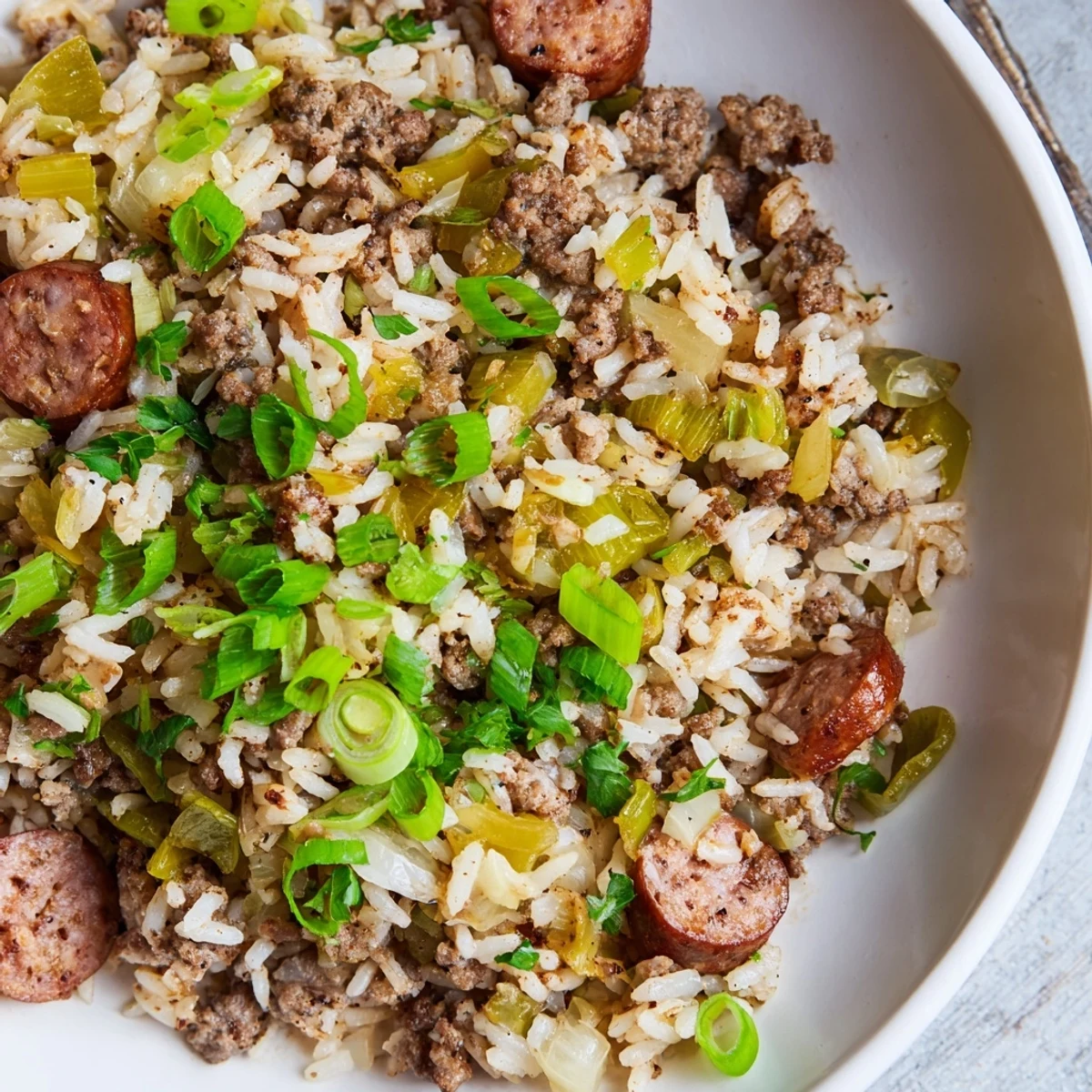 A festive serving of Mardi Gras Dirty Rice with Beef Sausage on a plate, ready to be enjoyed with cornbread.