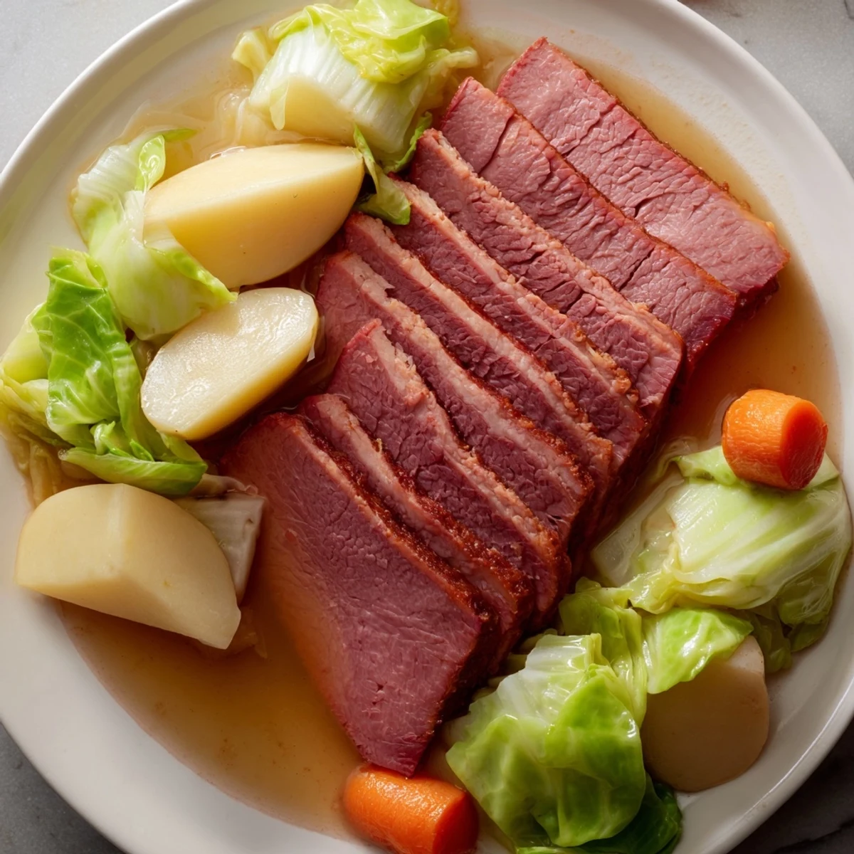 A rustic platter of Corned Beef and Cabbage Dinner, featuring tender slices of brisket alongside golden potatoes and sweet carrots.