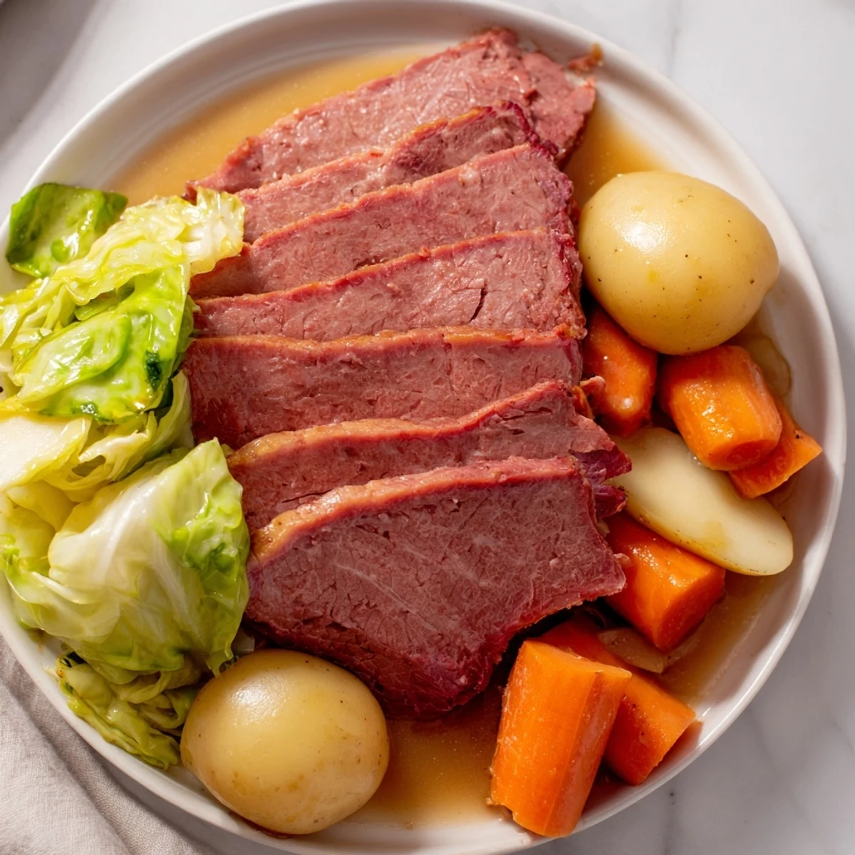 A hearty Corned Beef and Cabbage Dinner on a white plate, garnished with fresh parsley and served with a side of mustard.