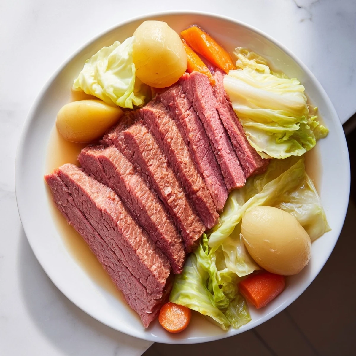 Close-up view of Corned Beef and Cabbage Dinner showing juicy meat fibers and soft green cabbage wedges resting in savory broth.