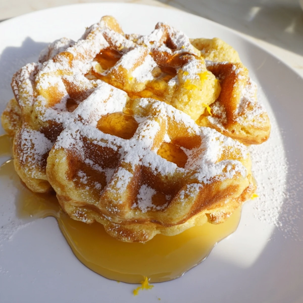 Fluffy Lemon Ricotta Waffles with syrup drizzled over golden, crisp edges and fresh berries on a plate.