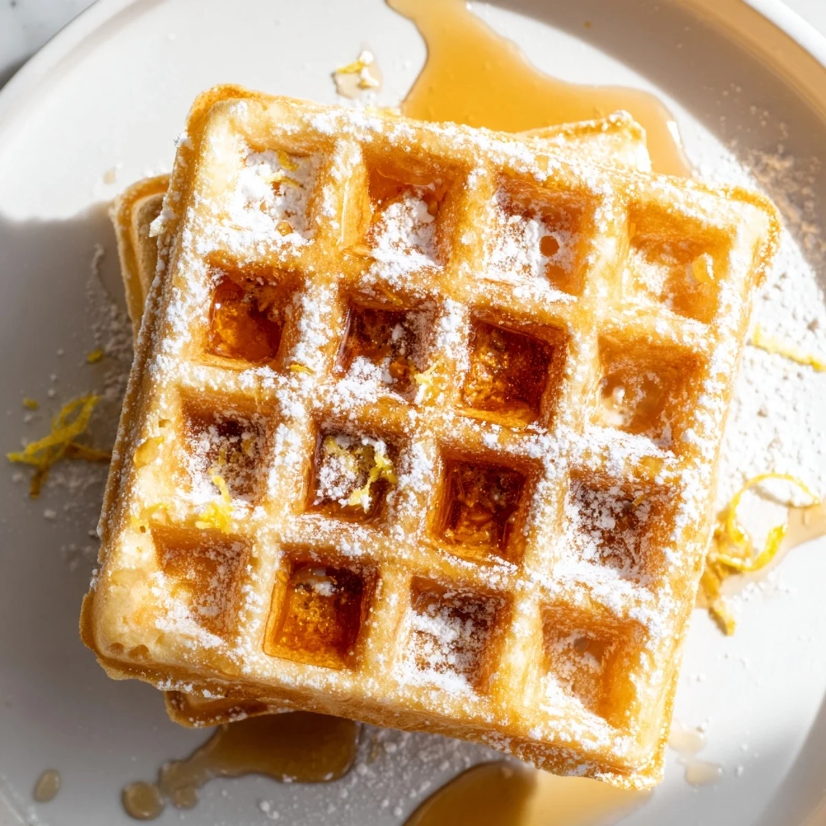 Stack of warm Lemon Ricotta Waffles topped with a pat of butter and sweet maple syrup for brunch.