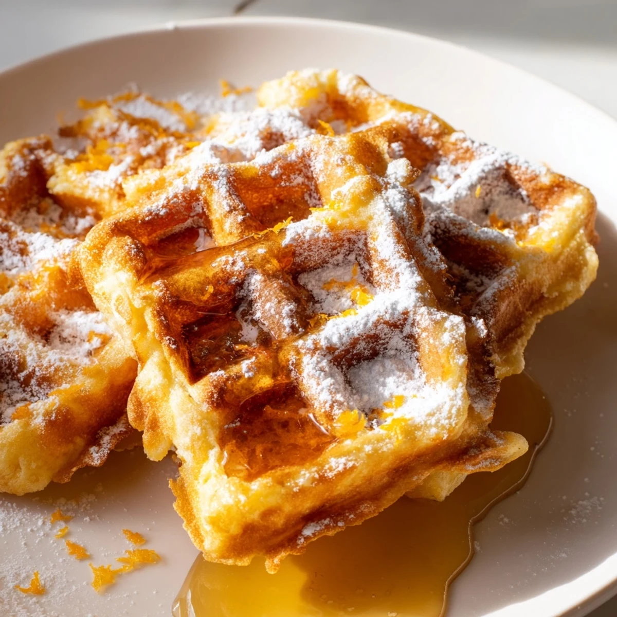 Close-up of golden Lemon Ricotta Waffles served with syrup and powdered sugar on a rustic wooden table.