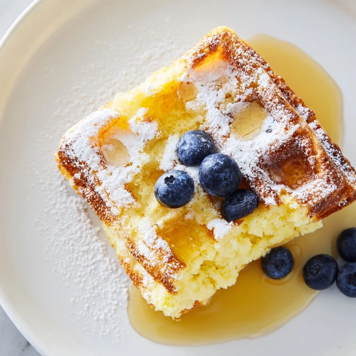 A close-up of fluffy Lemon Ricotta Waffles with Syrup, dusted with powdered sugar beside a dripping syrup pitcher.