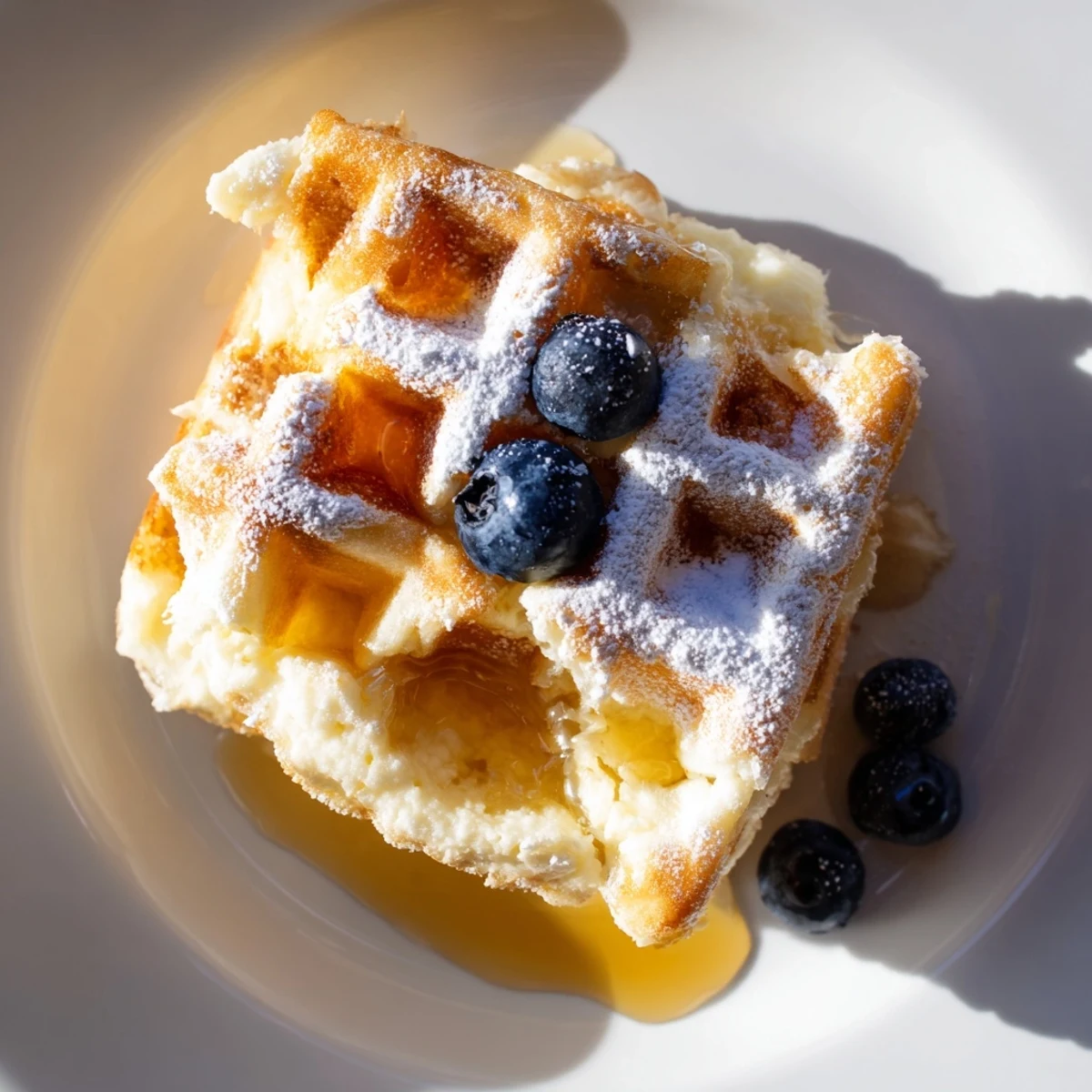 Golden-brown Lemon Ricotta Waffles with Syrup stacked high, glistening with warm maple syrup and topped with fresh berries.
