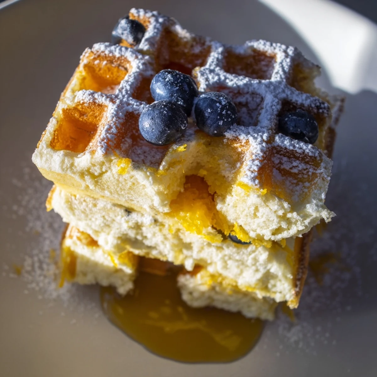 Freshly cooked Lemon Ricotta Waffles with Syrup served on a rustic plate, steam rising and lemon zest visible.