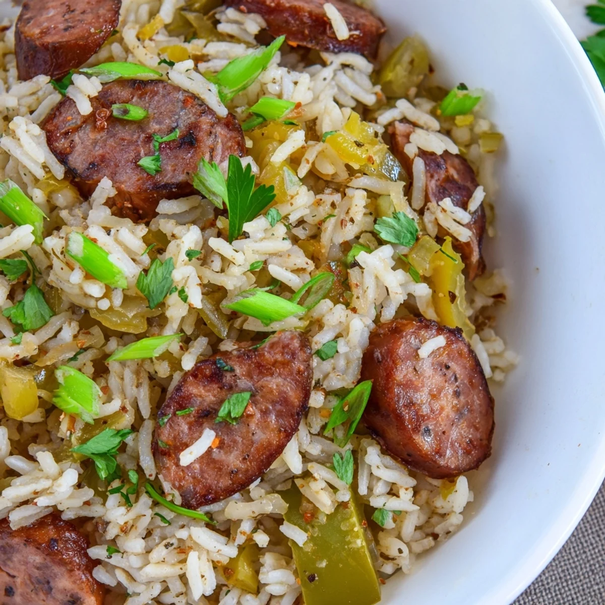 A vibrant plate of Mardi Gras Dirty Rice with Beef Sausage, featuring tender grains and spicy andouille slices topped with fresh parsley.