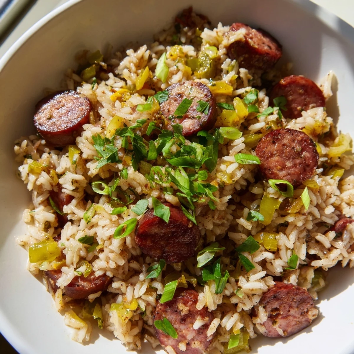 This close-up photo shows Mardi Gras Dirty Rice with Beef Sausage, highlighting the colorful peppers and onions in a hearty Cajun-inspired meal.