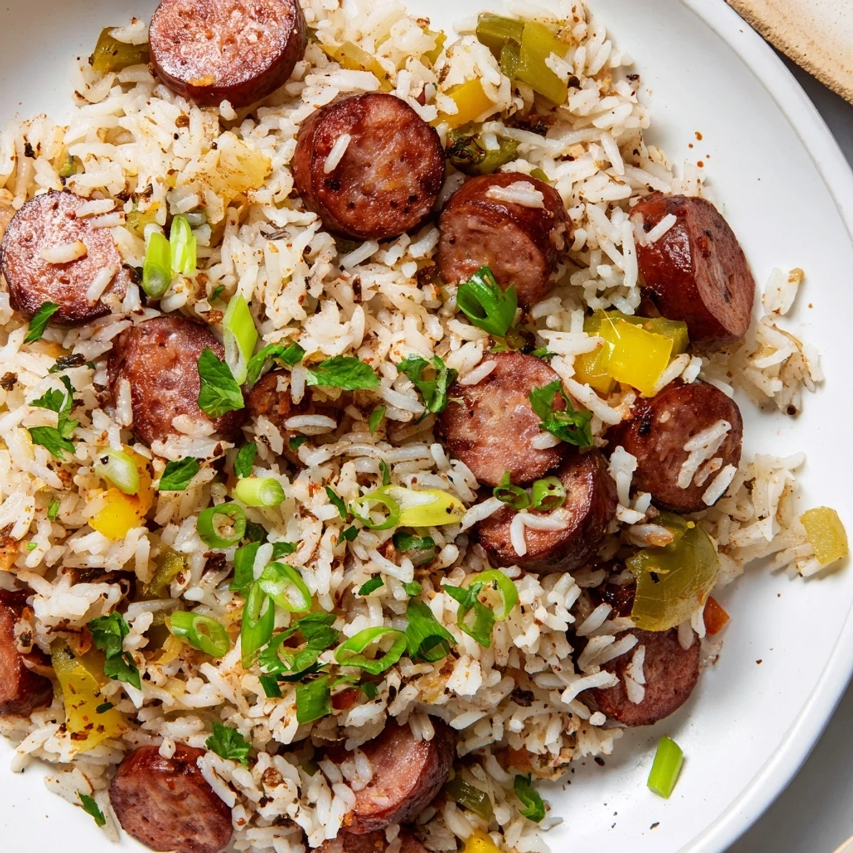 Steam rises from a skillet of Mardi Gras Dirty Rice with Beef Sausage, garnished with scallions and ready for a festive Southern dinner.