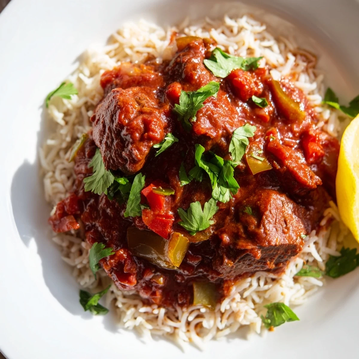 Fragrant basmati rice topped with hearty Spicy Beef Curry, featuring tender beef cubes and aromatic spices, ready to serve.