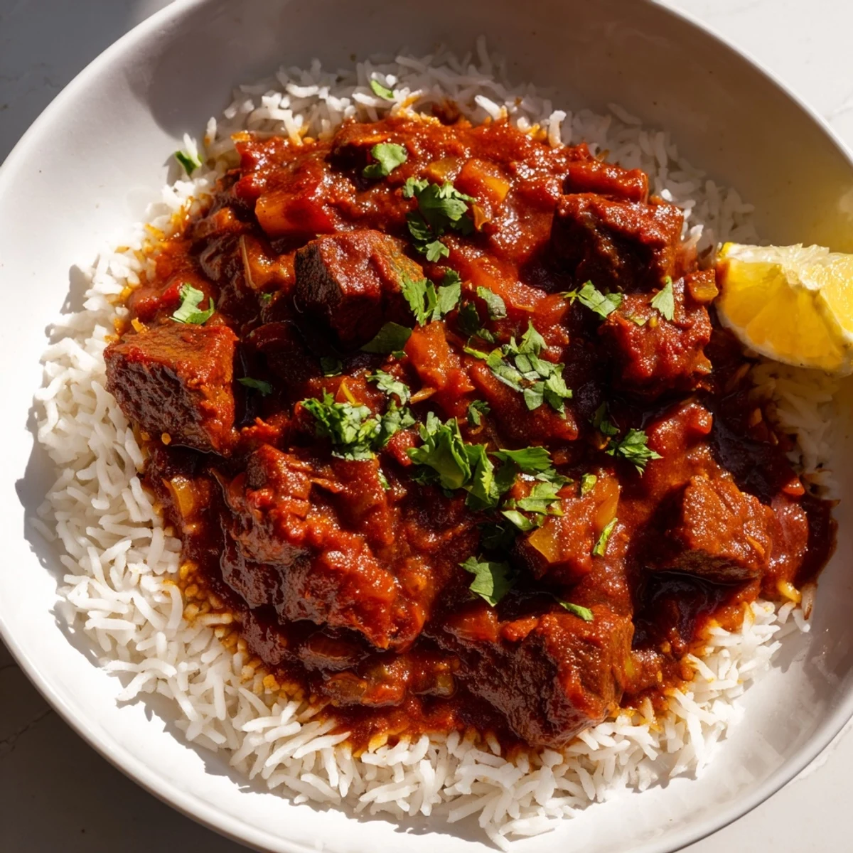 Steaming plate of Spicy Beef Curry with Basmati Rice, tender beef chunks in rich tomato sauce, garnished with cilantro.