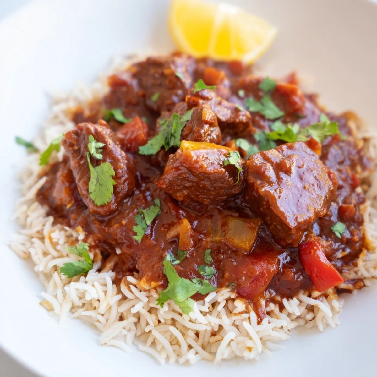 Close-up of Spicy Beef Curry with Basmati Rice, steam rising, cilantro and lemon wedges beside colorful ceramic bowl.